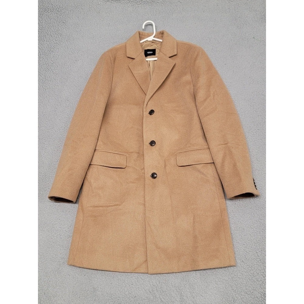 Express Coat Mens 40R Slim Beige Overcoat Single Breasted Lined Long Winter